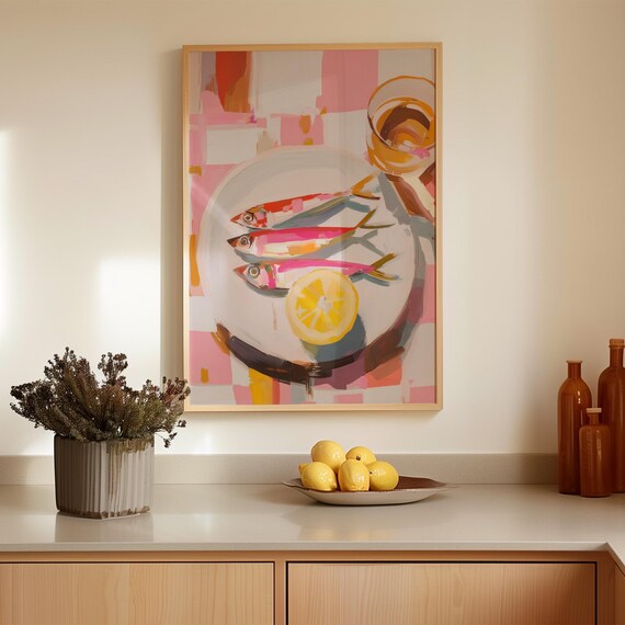 Pink Sardine, Mediterranean Kitchen Decor Poster
