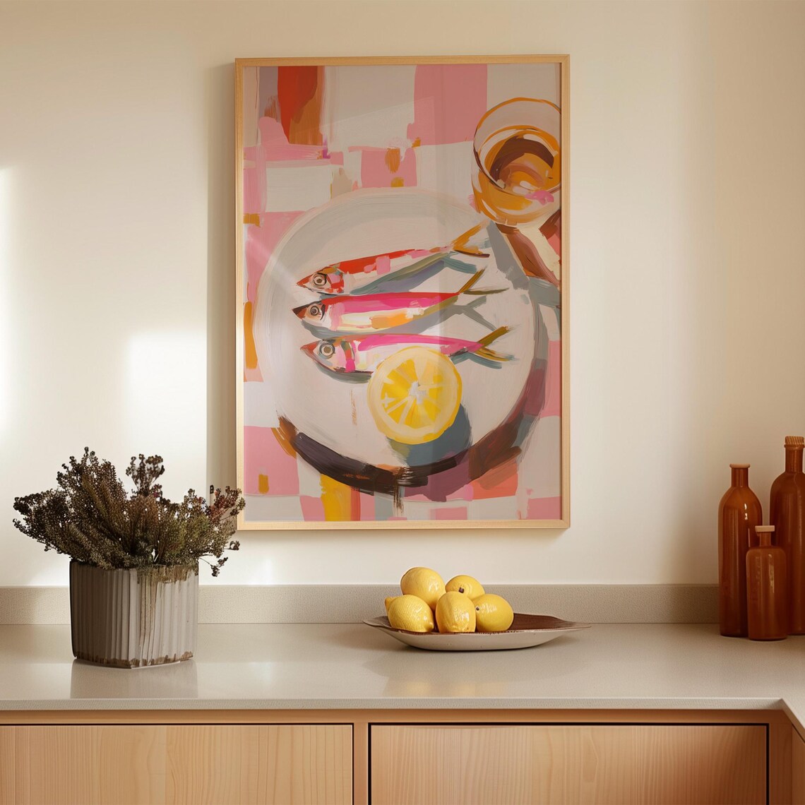 Pink Sardine, Mediterranean Kitchen Decor Poster
