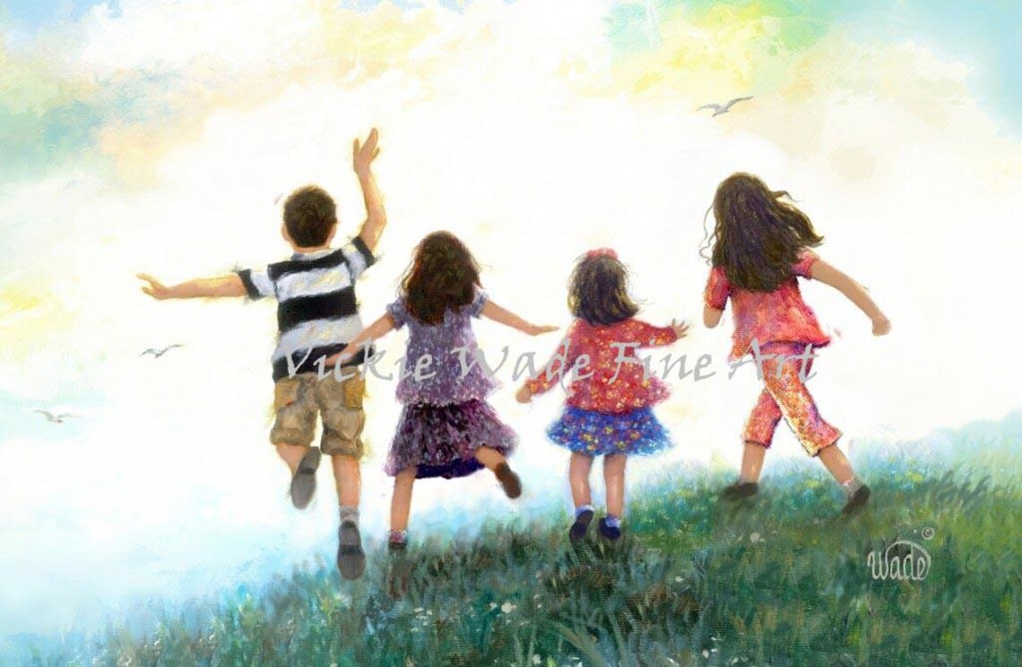 Four Children Running Together in a Bright Green Meadow Poster