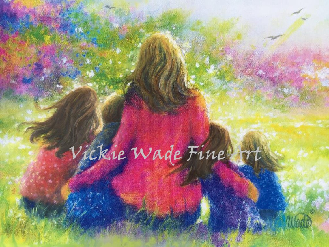 Mother In Red With Four Children In Colorful Wildflower Garden Poster