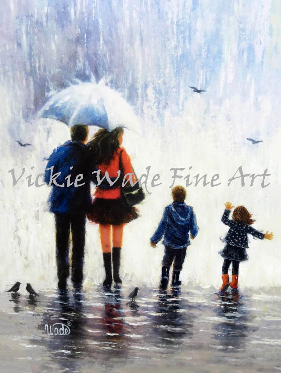 Rain Family Boy Girl Art Print Happy Family Wall Art Mother Father Brother Sister Wall Art Family Walking In Rain Vickie Wade Art