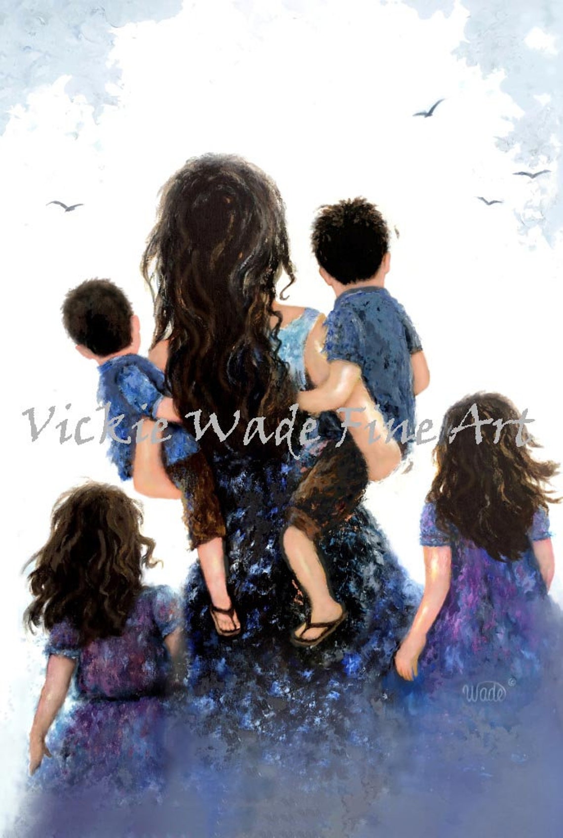Mother Carrying Two Boys Walking With Her Two Daughters Poster