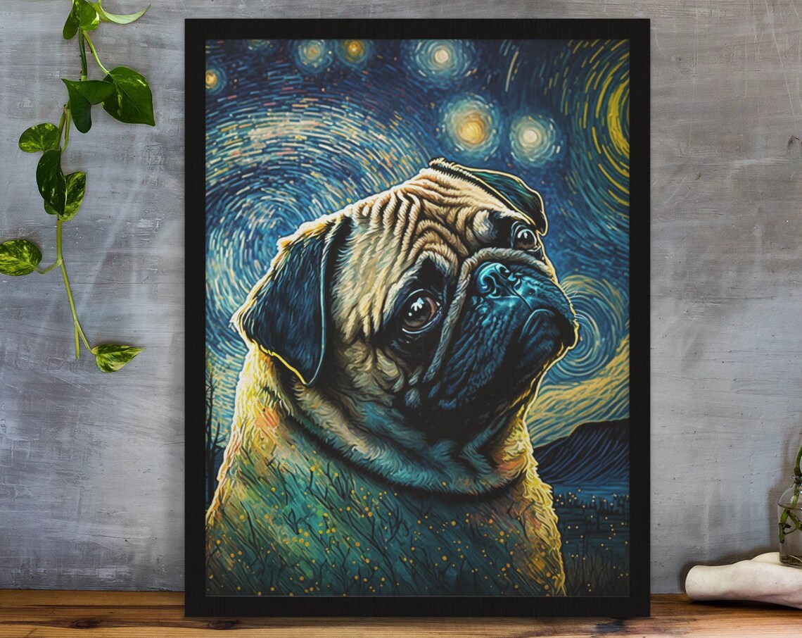Pug Dog Starry Night Swirling Sky Adorable Pet Portrait Poster