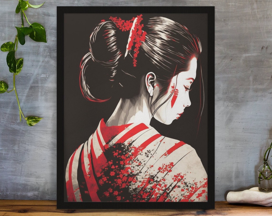 Striking Geisha Portrait Red Ink Splatter Japanese Woman Art Poster