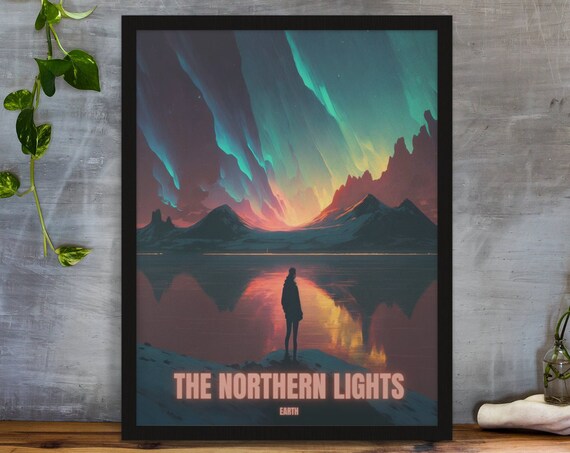 The Northern Lights Aurora Over Still Lake Night Sky Figure Poster