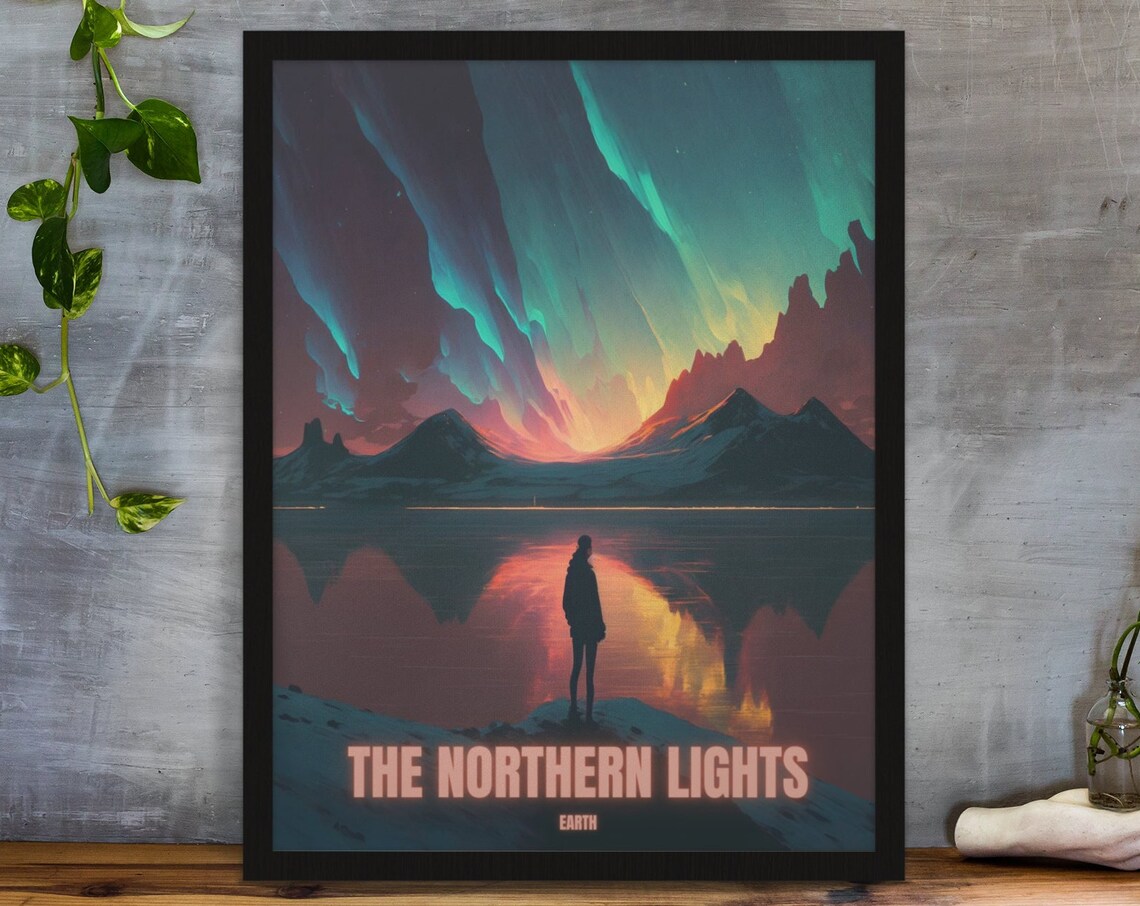 The Northern Lights Aurora Over Still Lake Night Sky Figure Poster