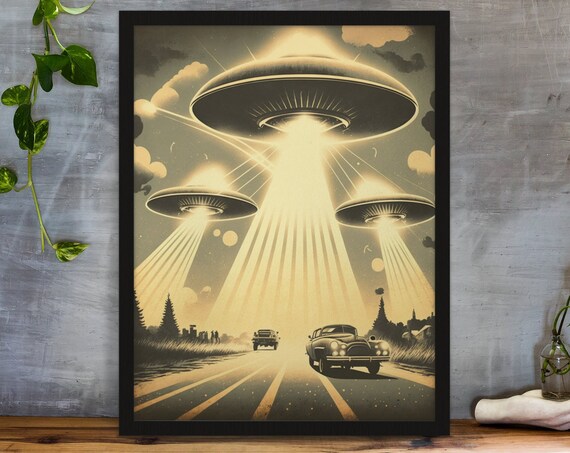 Retro UFO Abduction Flying Saucers Over Desert Road Art Poster