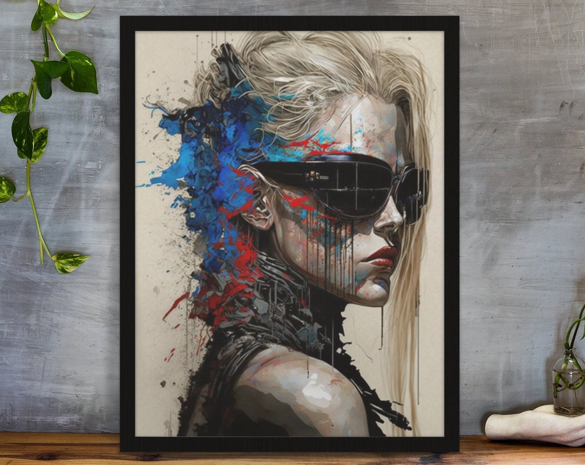 Cyber Woman Sunglasses Blue Red Ink Splash Side Profile Art Poster
