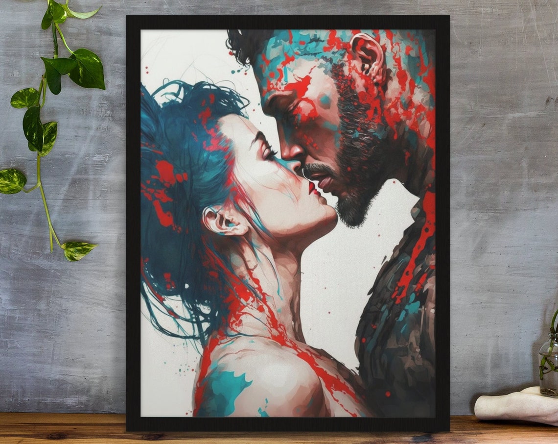 Passionate Kiss Red Teal Splash Paint Romantic Couple Art Poster