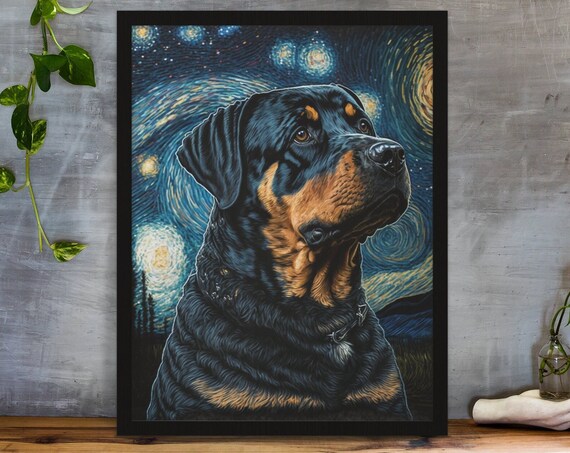Classic Rottweiler Dog Starry Night Swirling Sky Portrait Poster