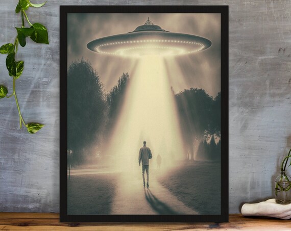 Vintage UFO Sighting Saucer Beam Lone Walker Cosmic Art Poster