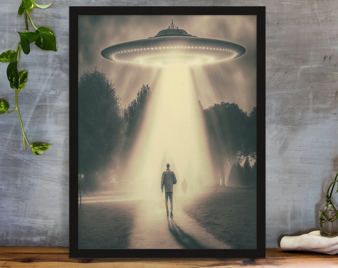 Vintage UFO Sighting Saucer Beam Lone Walker Cosmic Art Poster