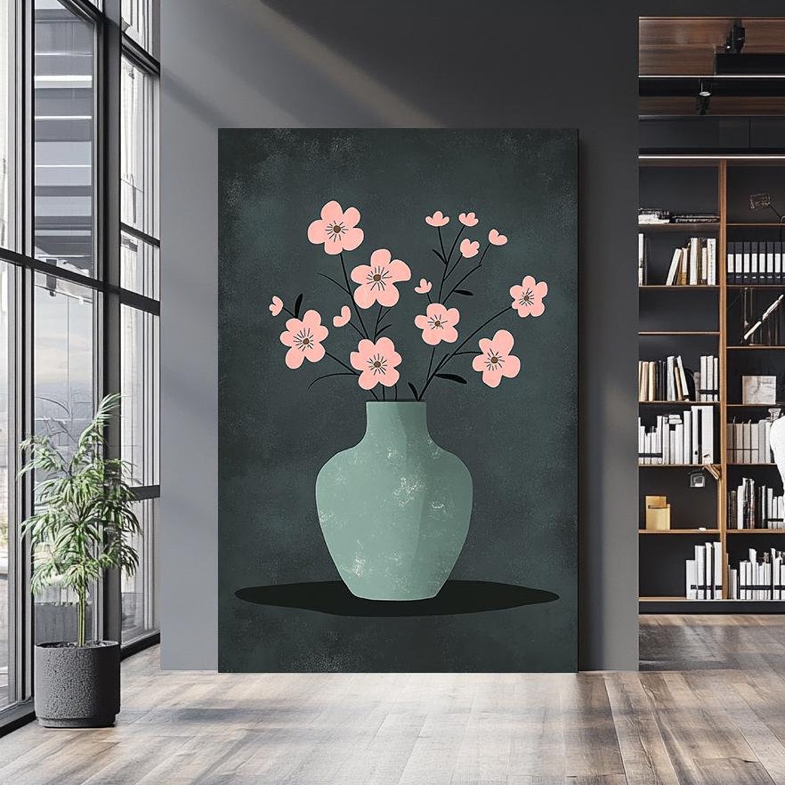 Pink Blossom Branches Sage Vase Minimalist Dark Floral Art Poster