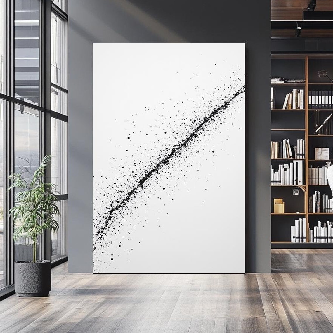 Minimalist Black Ink Splatter Diagonal Streak White Abstract Wall Art