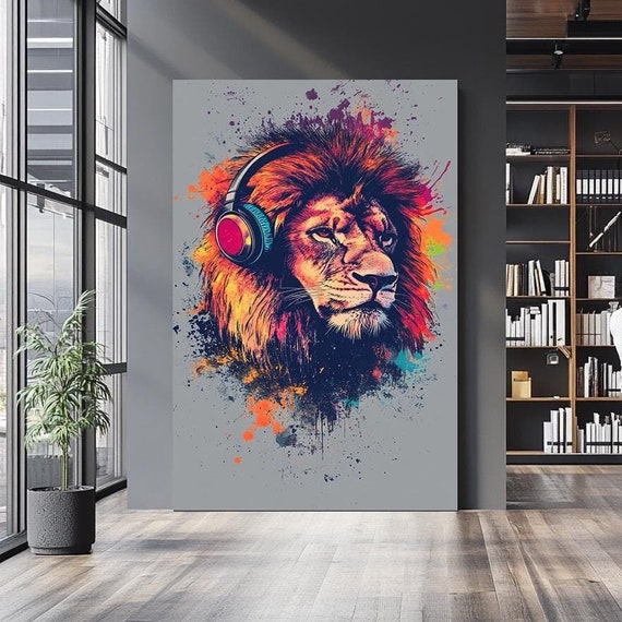 Colorful Lion Wall Art With Headphones Vibrant Urban Animal Artwork Modern Wildlife Decor For Bold And Creative Interiors