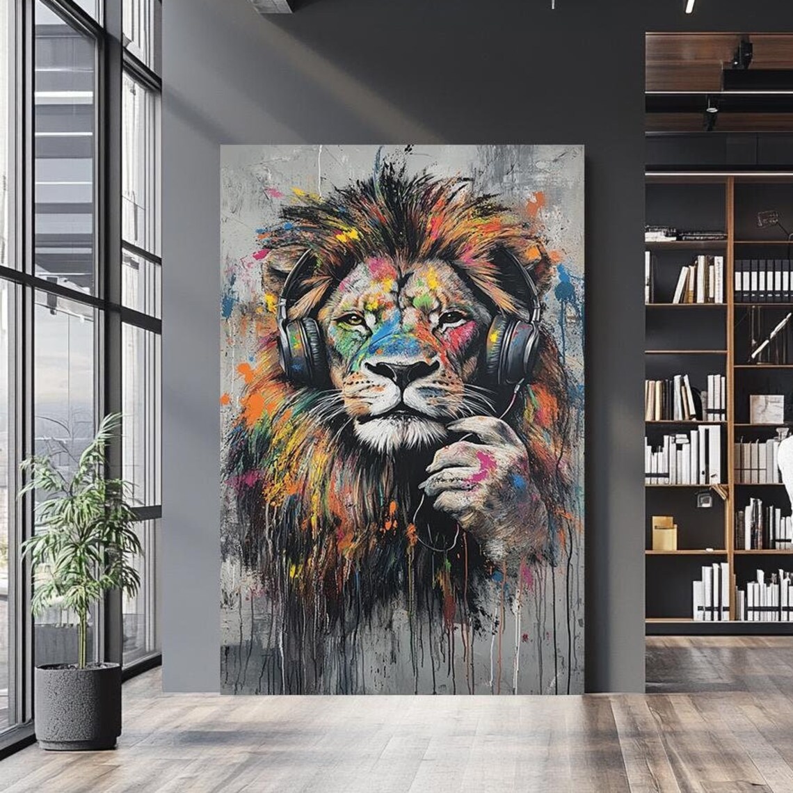 Colorful Pop Art Lion With Headphones Vibrant Graffiti Animal Wall Art Poster