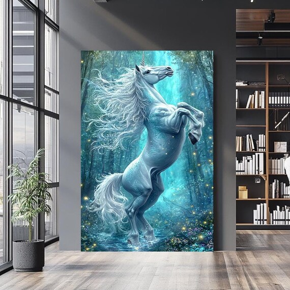 Majestic White Unicorn Rearing Mystical Teal Forest Fantasy Wall Art Poster
