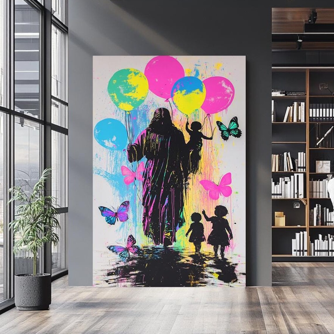 Jesus Silhouette Walking With Children Balloons Butterfly Wall Art