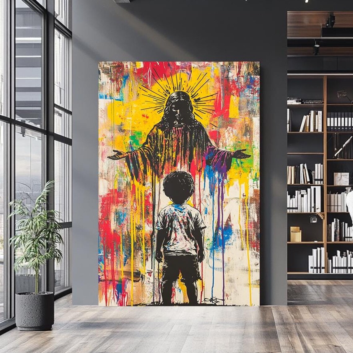 Jesus With Radiant Halo Small Child Red Yellow Drip Street Art Christian Poster