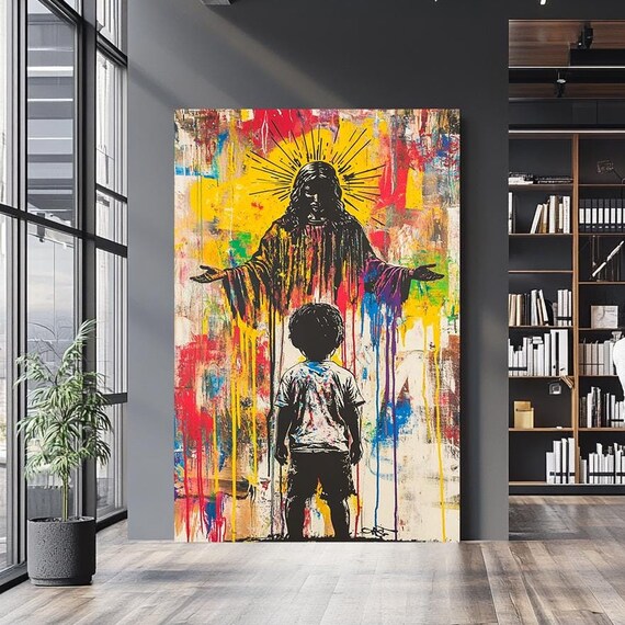 Jesus With Radiant Halo Small Child Red Yellow Drip Street Art Christian Poster