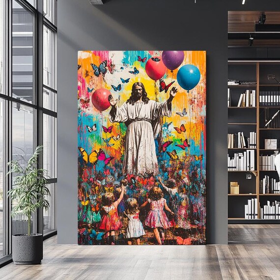 Jesus With Children Balloons Butterflies Colorful Splash Christian Art Poster