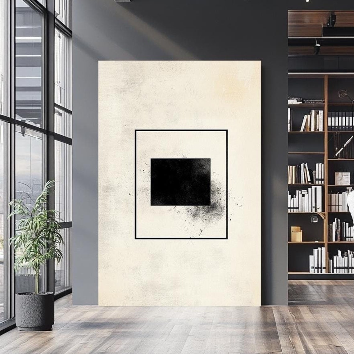 Minimalist Black Square Geometric Ink Splatter Cream Abstract Wall Art