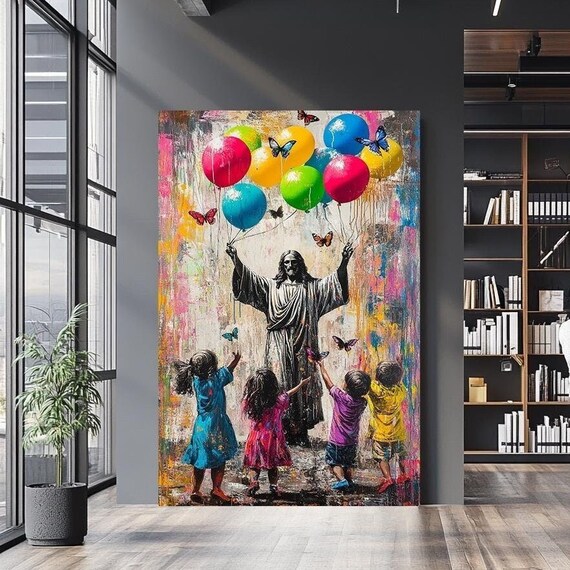 Jesus Arms Up Balloons Butterflies Four Children Textured Graffiti Poster