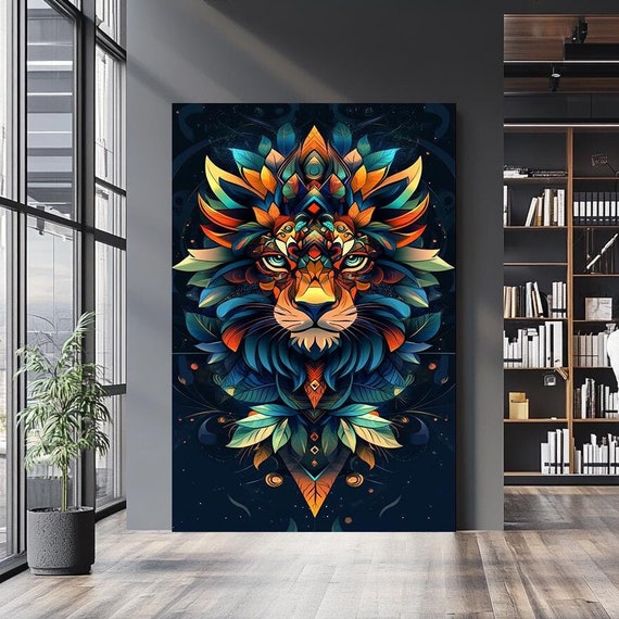 Abstract Lion Wall Art Vibrant Geometric Animal Design For Bold Home Decor Tribal Inspired Lion Artwork Gift