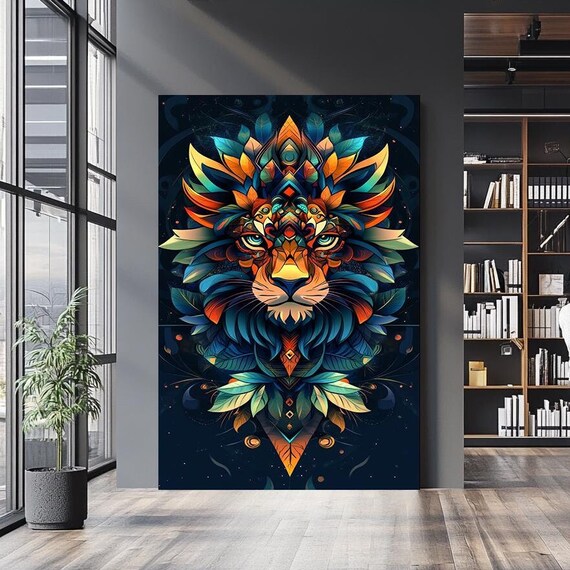 Geometric Lion Head Mandala Teal Orange Symmetrical Abstract Wall Art Poster