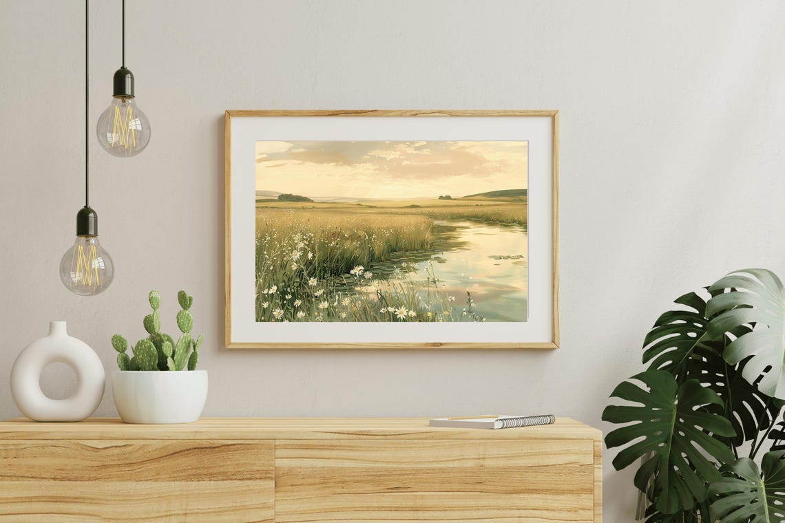 Wildflowers River Bend Golden Evening Light Serene Nature Art Poster - Image 5