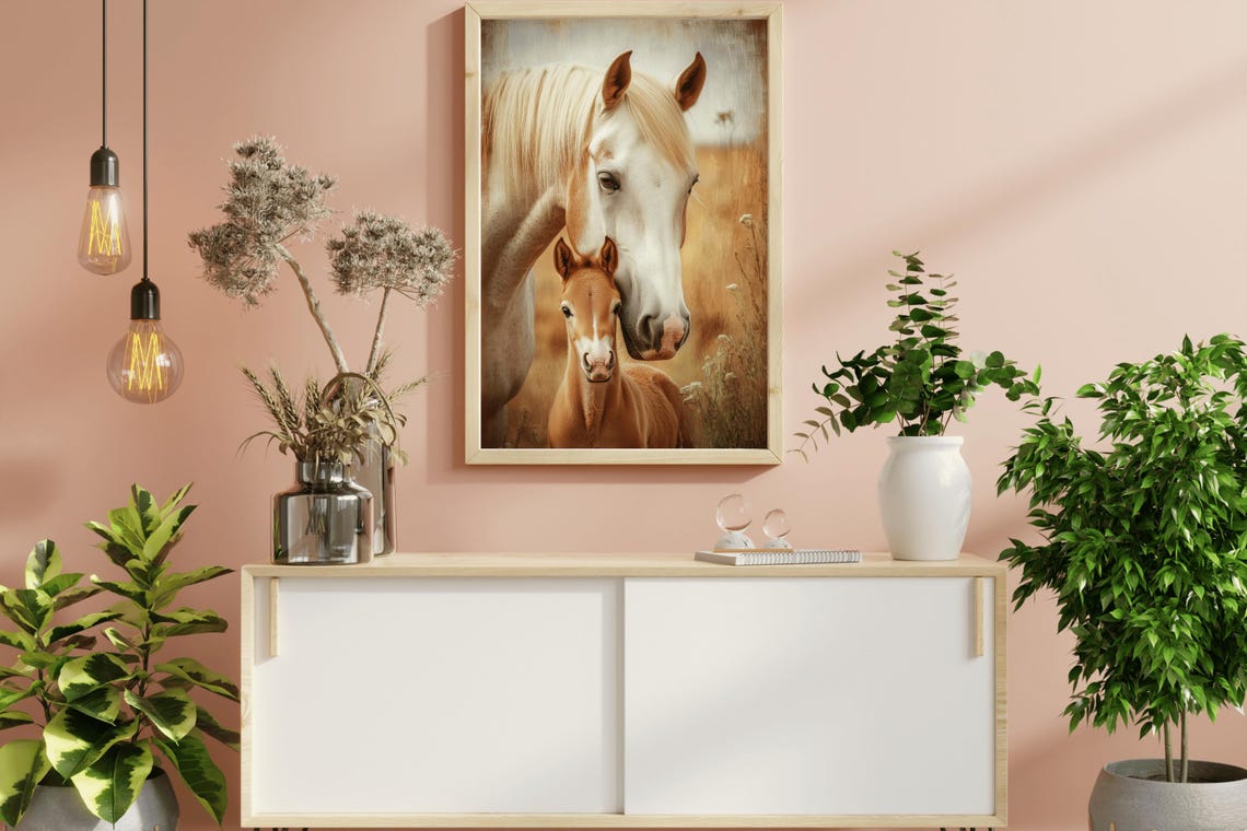 White Mare And Foal In Golden Field Vintage Horse Art Portrait Poster - Image 2
