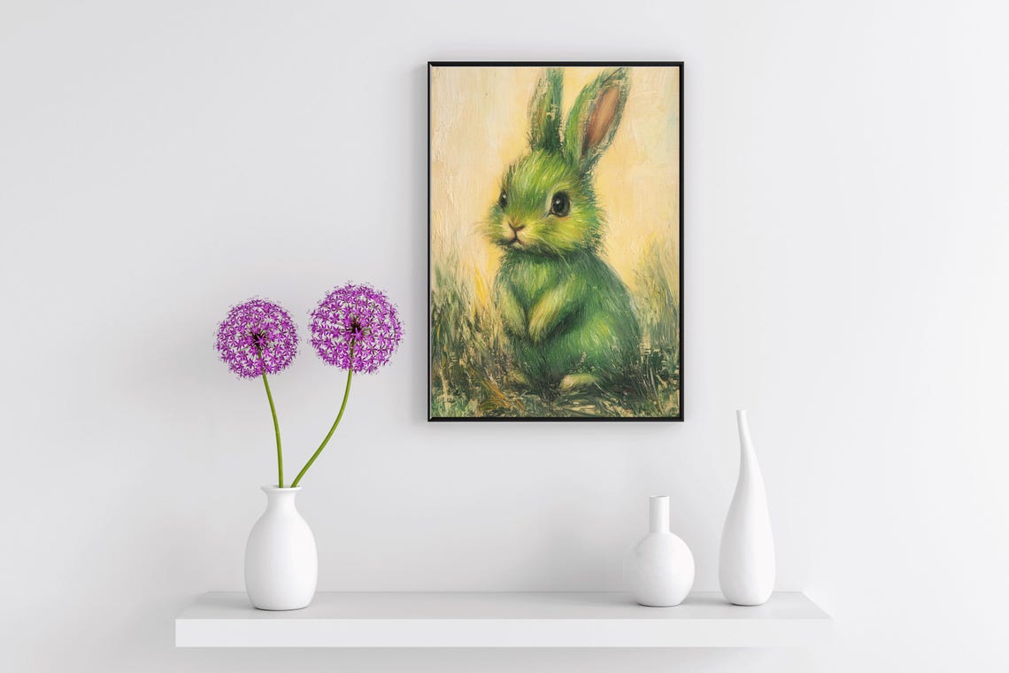 Green Bunny Whimsical Oil Painting Cute Nursery Animal Wall Art - Image 3