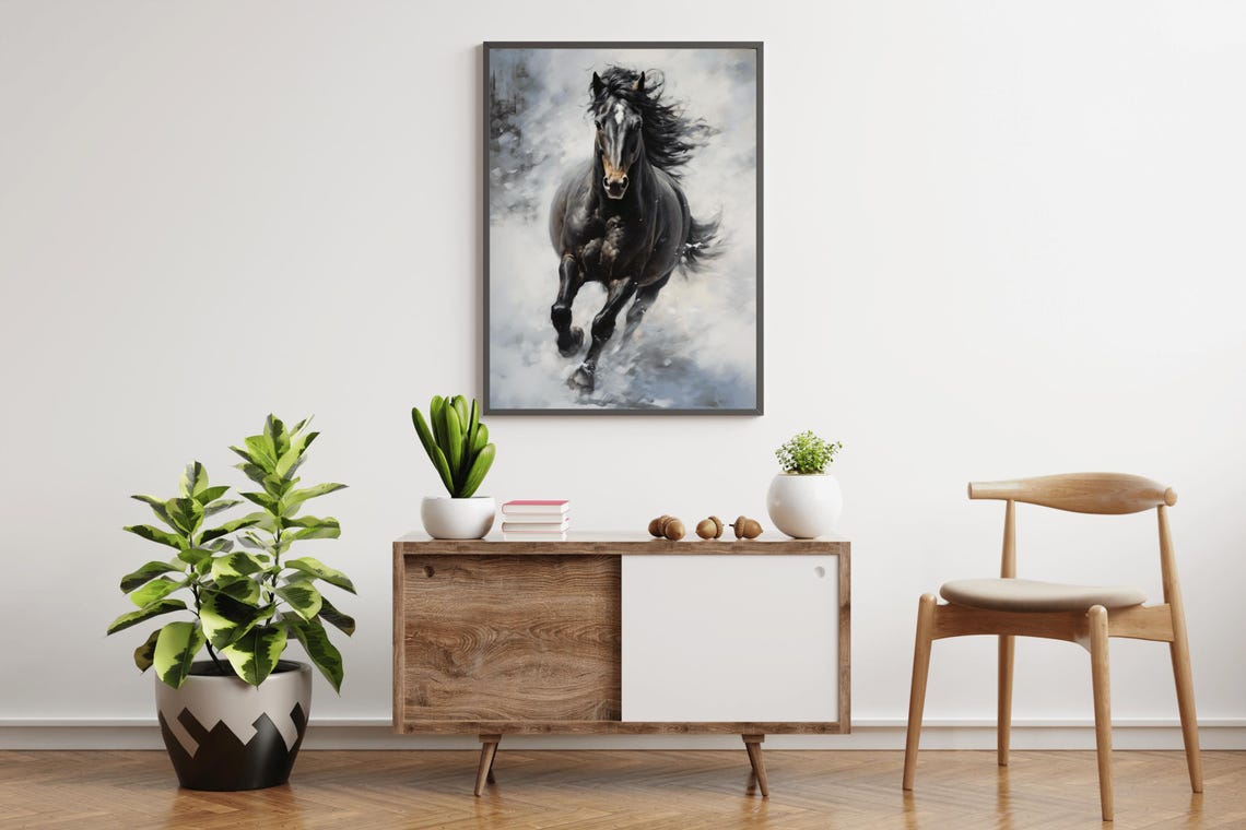 Black Horse Galloping Through Mist Dramatic Equine Oil Painting Print - Image 3
