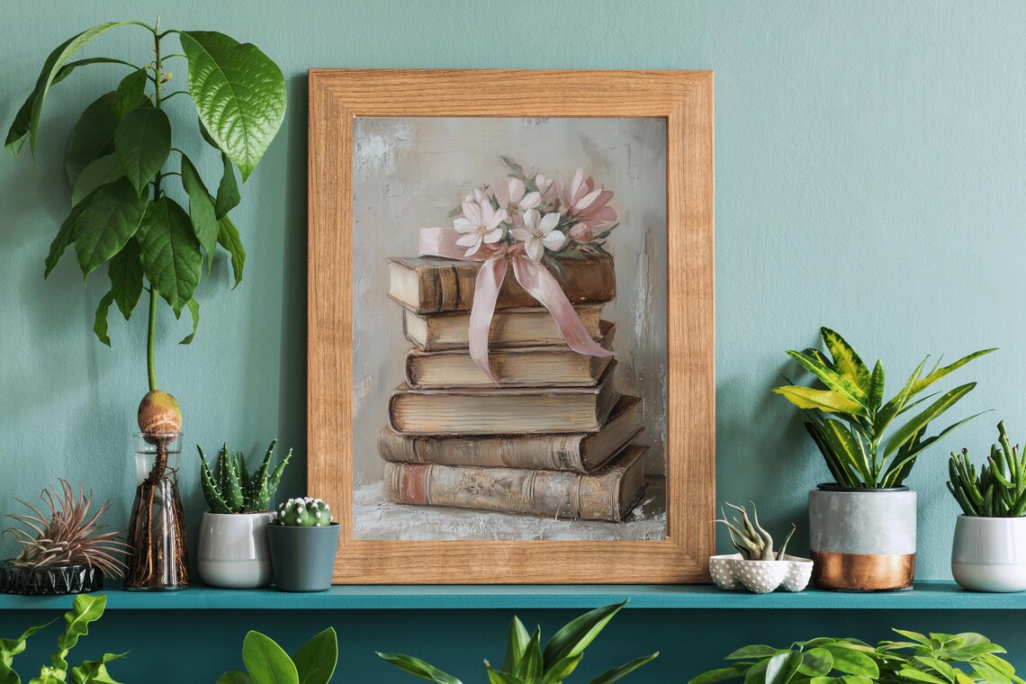 Stack Of Vintage Books With Pink Ribbon Floral Oil Painting Poster - Image 4