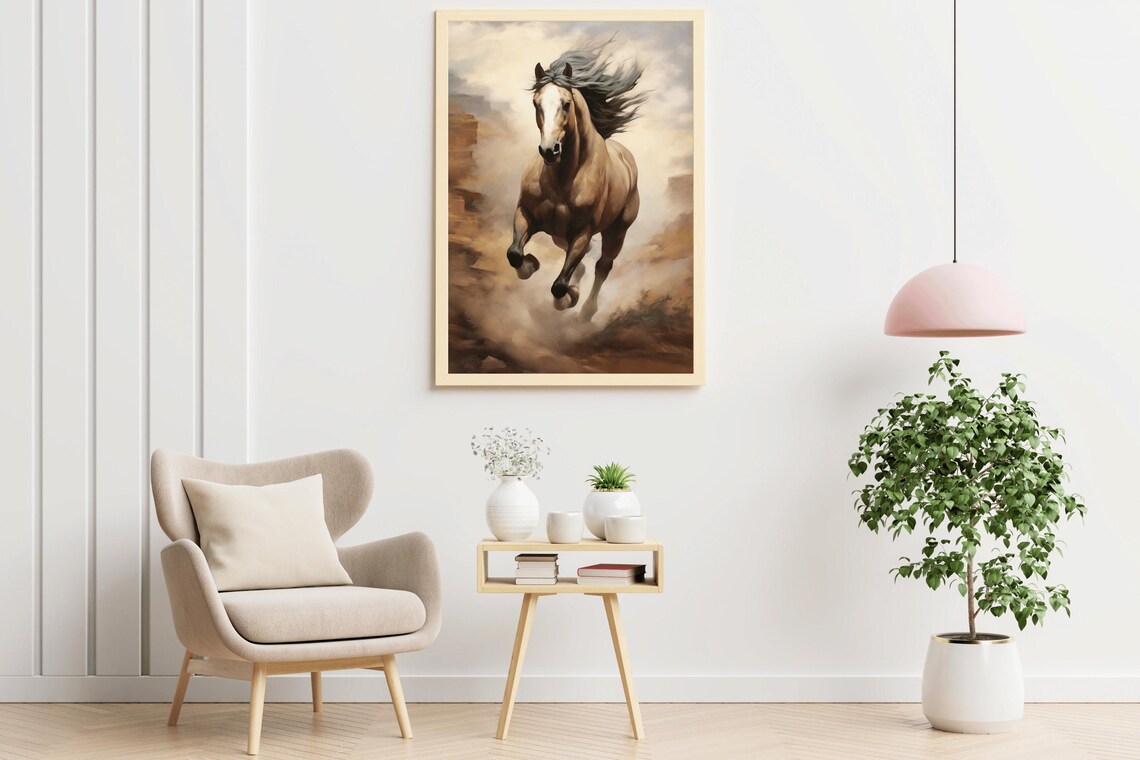 Golden Horse Galloping Sunlit Canyon Dynamic Equine Oil Painting - Image 2
