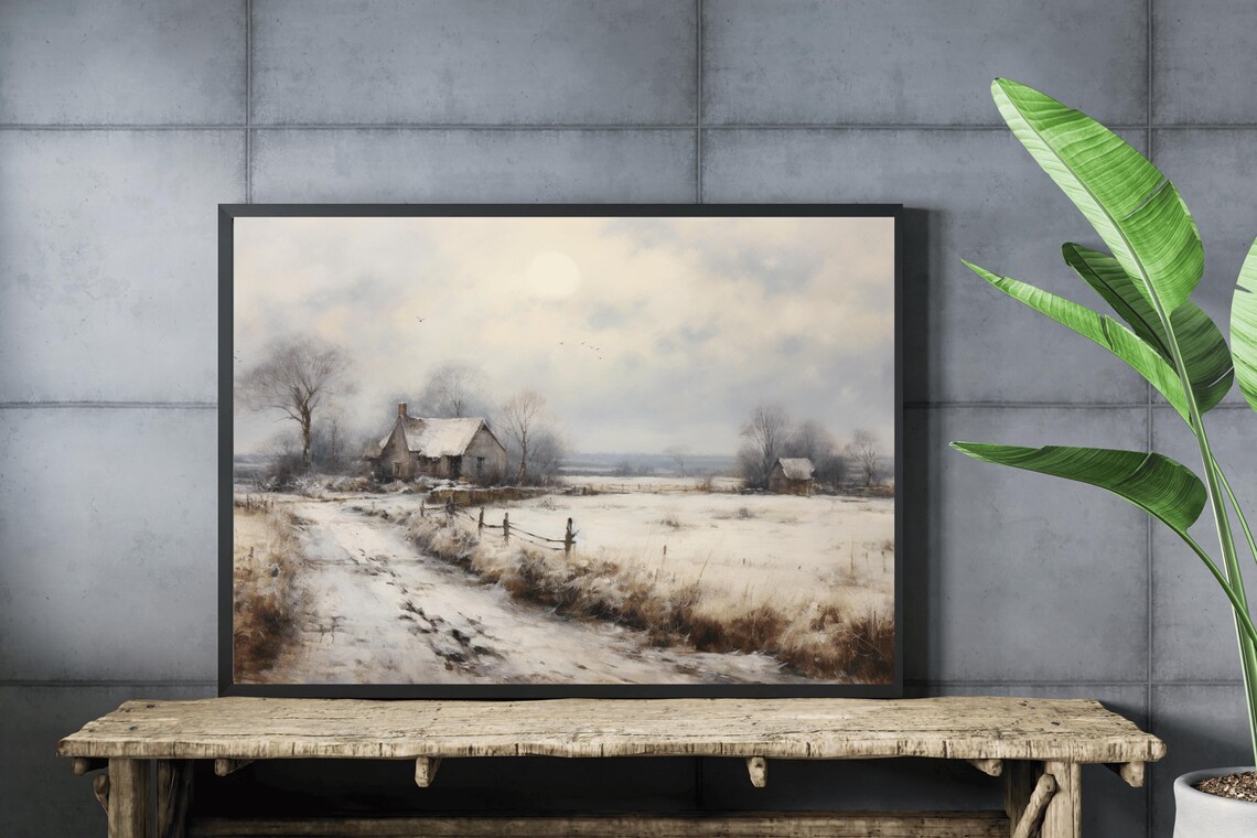 Winter Farmhouse Snowy Country Road Vintage Rustic Oil Painting - Image 3