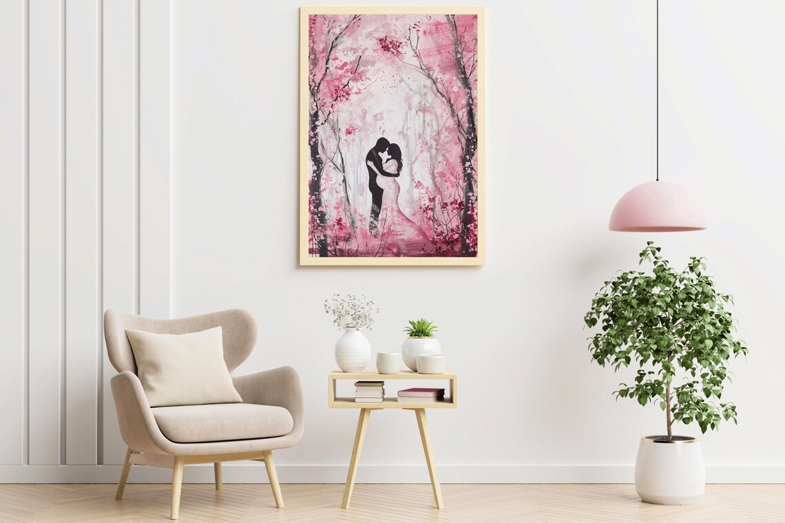 Romantic Couple Oil Painting Embracing With Pregnant Woman Vintage Art Wedding Anniversary Love Valentines Day Gift Art - Image 2