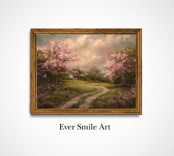 Spring Cottage Pink Blossom Trees Winding Path Country Cottagecore Art Poster