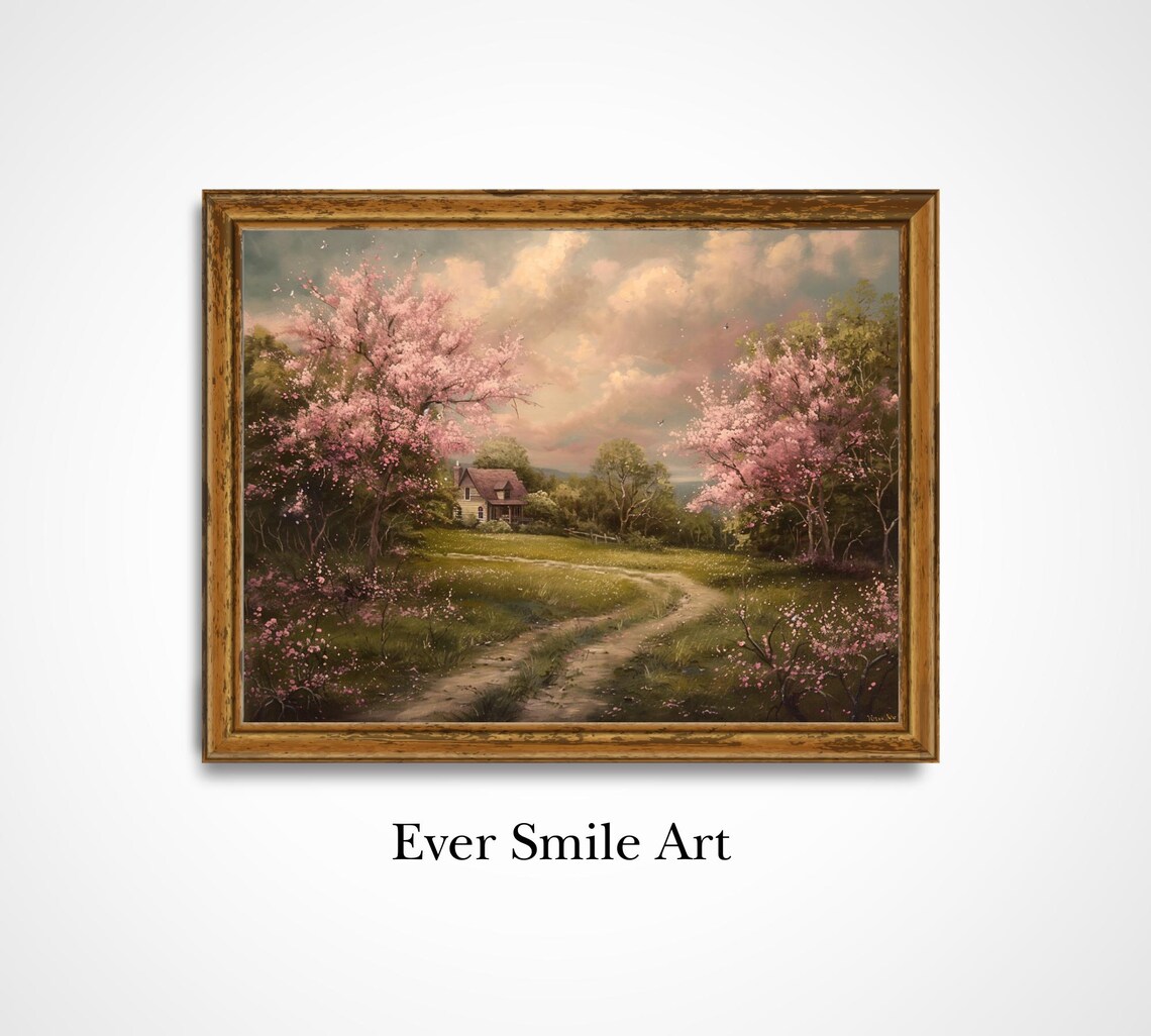 Spring Cottage Pink Blossom Trees Winding Path Country Cottagecore Art Poster