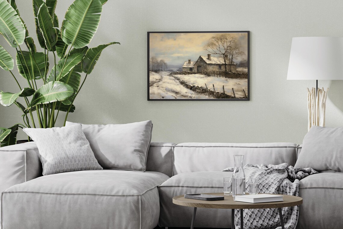Snowy Stone Farmhouse Winter Path Vintage Landscape Oil Painting - Image 3