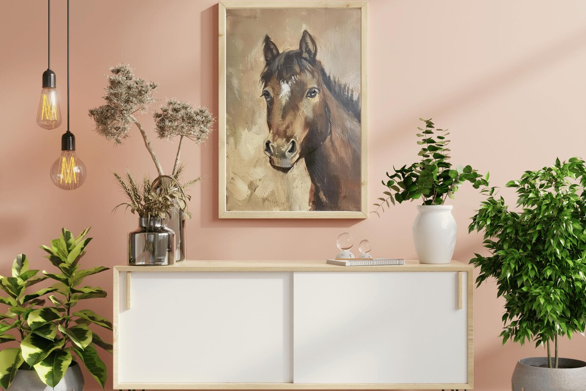 Brown Horse Portrait Close Up Gentle Eyes Vintage Equine Oil Painting - Image 3