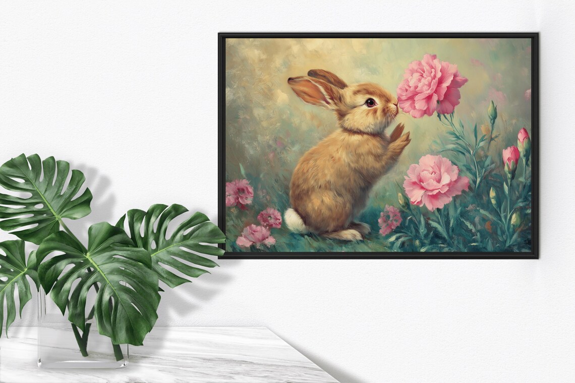 Cute Brown Bunny Sniffing Pink Carnations Vintage Oil Painting Nursery Wall Poster - Image 3