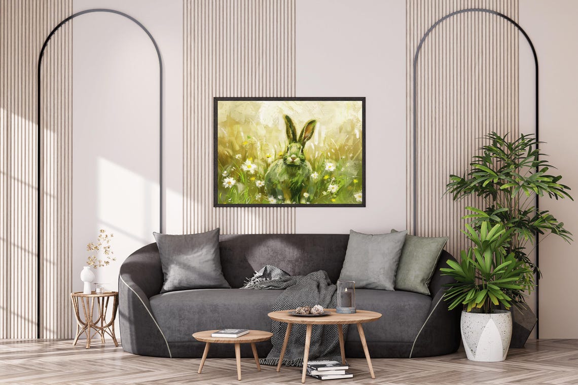 Green Bunny Among Daisies Vintage Spring Wildflower Rabbit Art Poster - Image 2