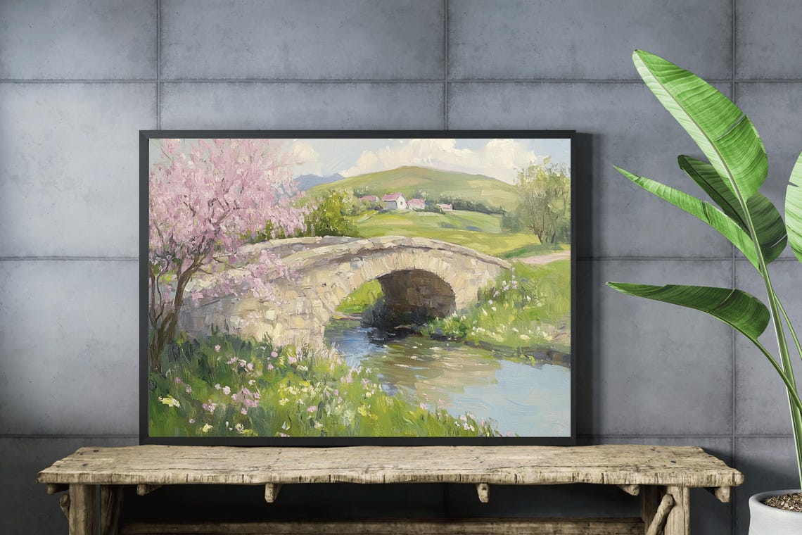 Stone Bridge Over River With Cherry Blossom Spring Landscape Poster - Image 4