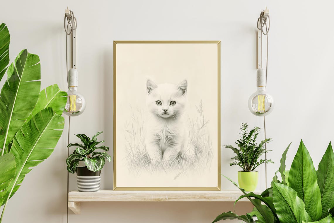 White Kitten Pencil Sketch Vintage Cat Drawing Nursery Wall Art Poster - Image 4