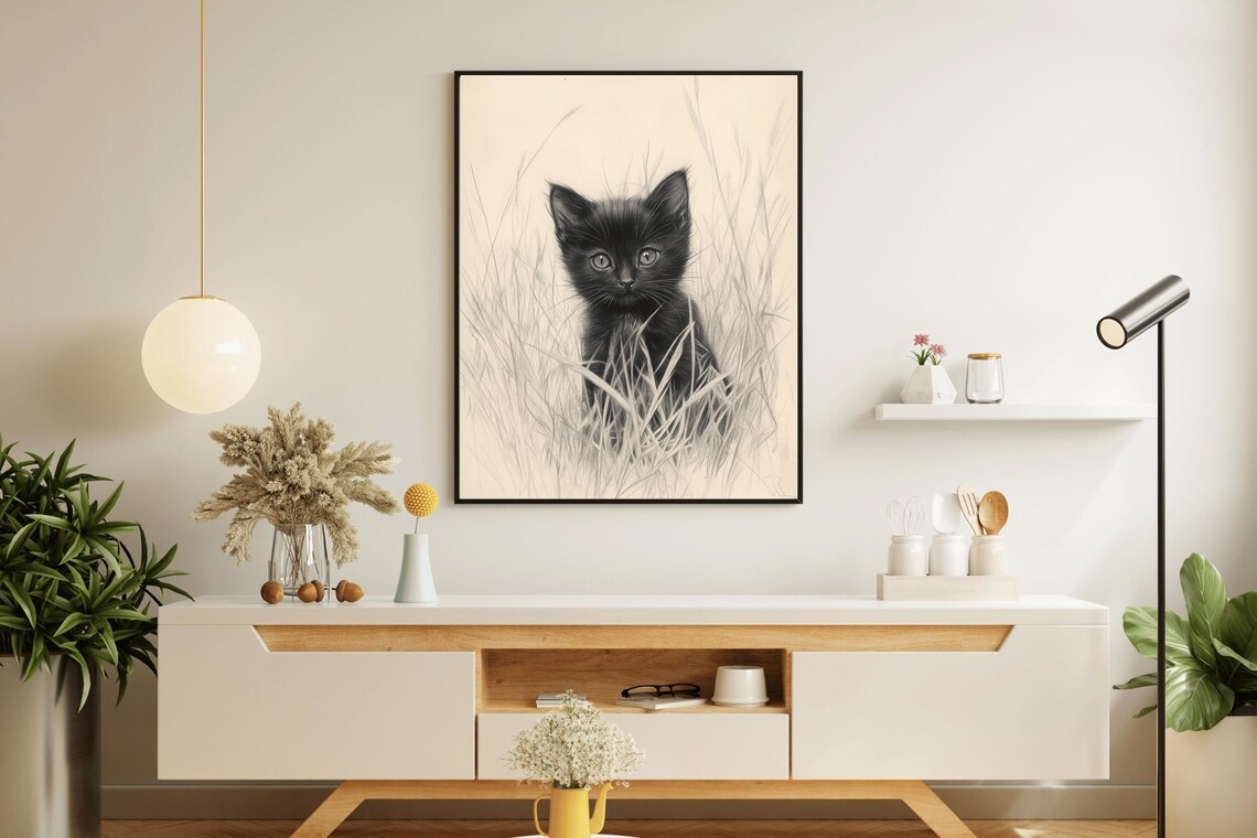 Cute Black Kitten In Tall Grass Pencil Sketch Nursery Cat Lover Wall Art Poster - Image 5