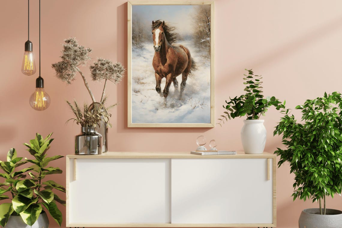 Chestnut Brown Horse Galloping Snow Winter Scene Equestrian Art Poster - Image 3