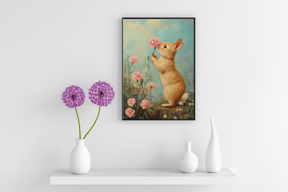 Rabbit Print Nursery Decor Childrens Room Rabbit Smelling Flower Pink Carnation Easter Decoration Whimsical Cute Rabbit - Image 3