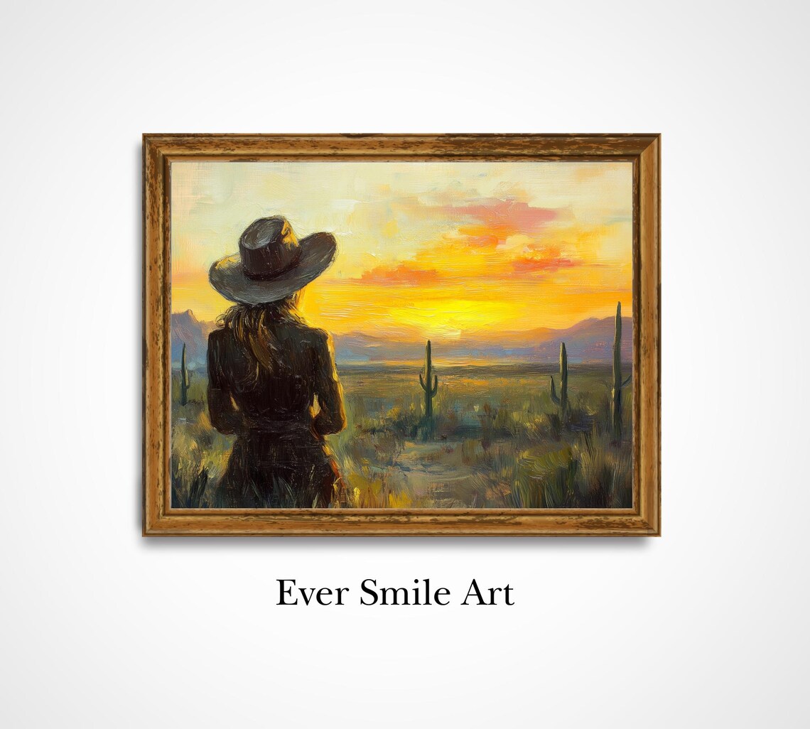 Cowgirl Watching Desert Sunset Vintage Western Oil Painting Poster