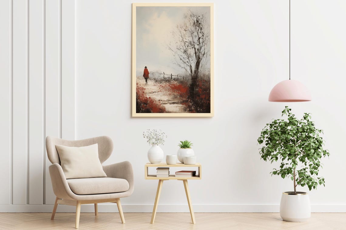 Red Coat Winter Walker Snowy Path Vintage Oil Painting Wall Art - Image 2